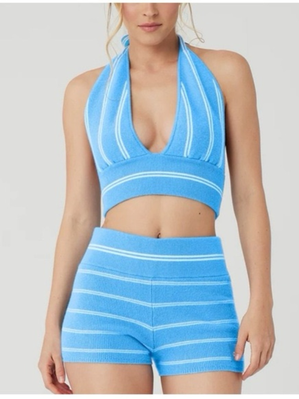 ALO Yoga Azure Stripe Cashmere Shorts and Halter Top *Set*